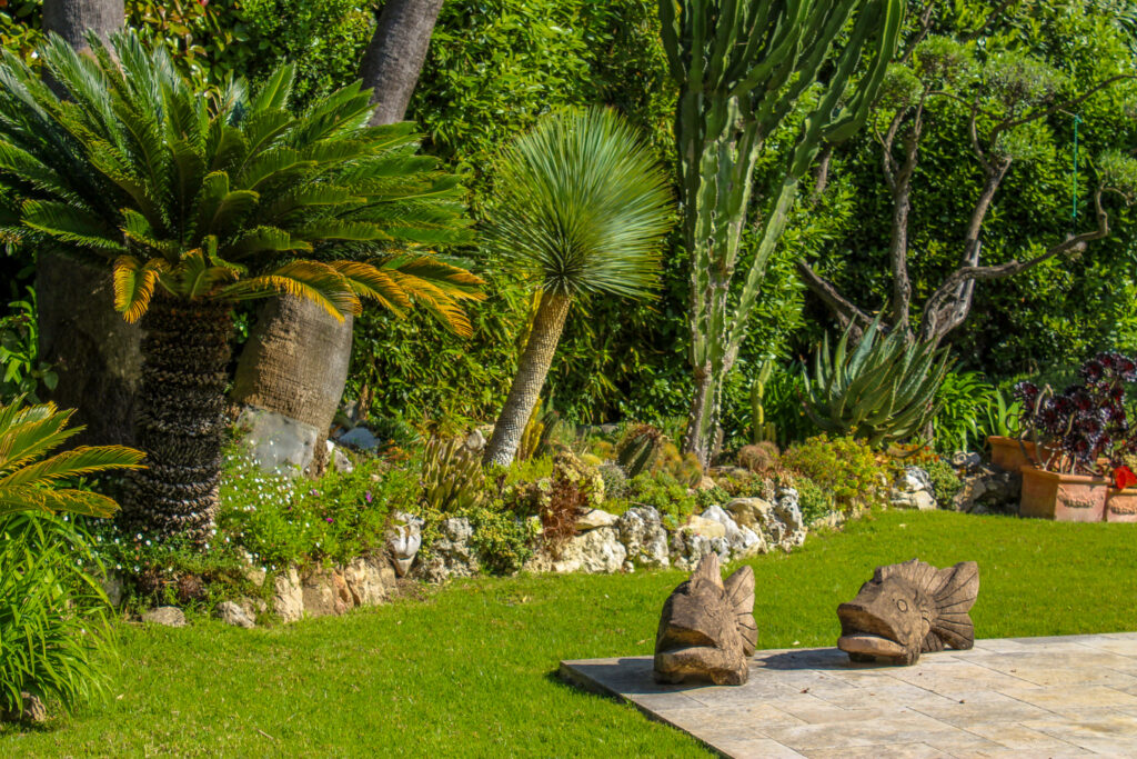 Vue d'ensemble d'un jardin à Antibes avec poissons en pierre en décoration